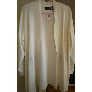 Frazzle Womens XL Cream Open Front Cardigan Rhinestone Embellished Knit Sweater